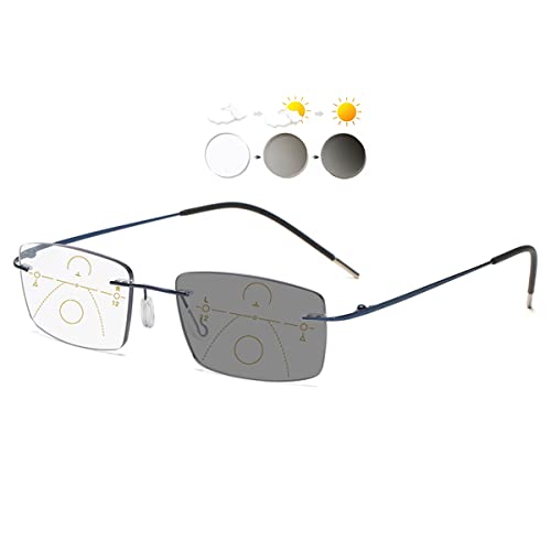 KOOSUFA Randlose Selbsttönende Gleitsicht Lesebrille Gleitsichtbrille Progressive Multifokus Anti-Blaulicht Photochrome Herren Damen Titan Rahmenlose mit UV-Schutz Sonnenlesebrille 1x Blau, 2.0 von KOOSUFA