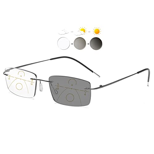 KOOSUFA Randlose Selbsttönende Gleitsicht Lesebrille Gleitsichtbrille Progressive Multifokus Anti-Blaulicht Photochrome Herren Damen Titan Rahmenlose mit UV-Schutz Sonnenlesebrille 1x Grau, 2.0 von KOOSUFA