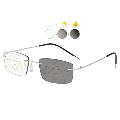 KOOSUFA Randlose Selbsttönende Gleitsicht Lesebrille Gleitsichtbrille Progressive Multifokus Anti-Blaulicht Photochrome Herren Damen Titan Rahmenlose mit UV-Schutz Sonnenlesebrille 1x Silber, 2.5 von KOOSUFA