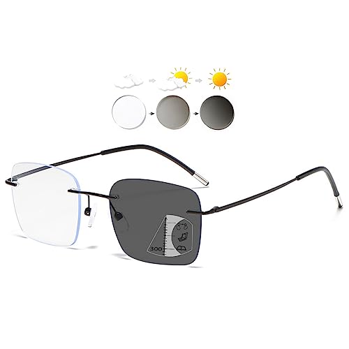 KOOSUFA Randlose Selbsttönende Gleitsicht Lesebrille Gleitsichtbrille Progressive Multifokus Blaulichtfilter Photochrome Herren Damen Rahmenlose mit UV-Schutz Sonnenlesebrille Schwarz 4.0 von KOOSUFA