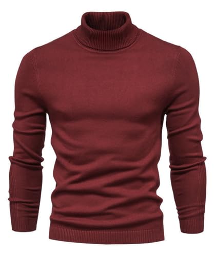KOOSUFA Rollkragenpullover Herren Slim Fit Rollkragen Sweater Sweatshirt Feinstrick Herrenmode Langarm Rollkragenshirt Rollkragen Pullover Rollkragenpulli Strickpullover Weinrot, L von KOOSUFA