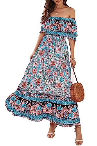 KOOSUFA Schulterfreies Kleid Damen Boho Sommerkleid Off Shoulder Strandkleid Bandeau A Linie Maxikleid Blumenkleid Freizeitkleid mit Puffärmel Blau, S von KOOSUFA