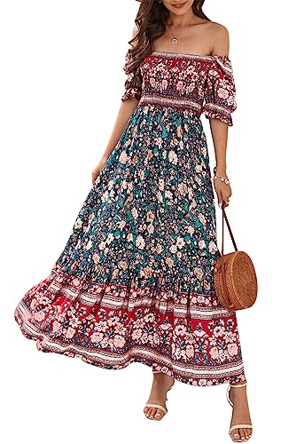 KOOSUFA Schulterfreies Kleid Damen Boho Sommerkleid Off Shoulder Strandkleid Bandeau A Linie Maxikleid Blumenkleid Freizeitkleid mit Puffärmel Rot/schwarz, S von KOOSUFA