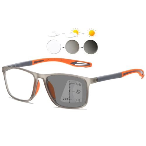 KOOSUFA Selbsttönende Gleitsicht Lesebrille Gleitsichtbrille Progressive Multifokus Blaulichtfilter Photochrome Herren Damen Federscharnier TR90 mit UV-Schutz Sonnenlesebrille Grau Orange 1.5 von KOOSUFA