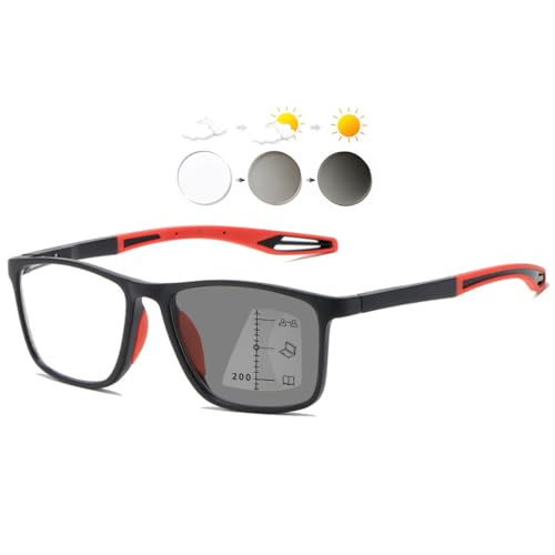 KOOSUFA Selbsttönende Gleitsicht Lesebrille Gleitsichtbrille Progressive Multifokus Blaulichtfilter Photochrome Herren Damen Federscharnier TR90 mit UV-Schutz Sonnenlesebrille Schwarz Rot 2.5 von KOOSUFA