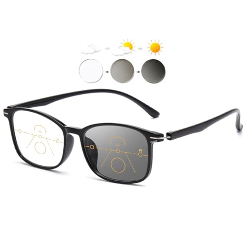 KOOSUFA Selbsttönende Gleitsichtbrille Herren Damen Progressive Multifokus Photochrome Ultraleicht Anti-Blaulicht Gleitsicht Lesebrille mit UV-Schutz Sonnenlesebrille Schwarz 2.0 von KOOSUFA