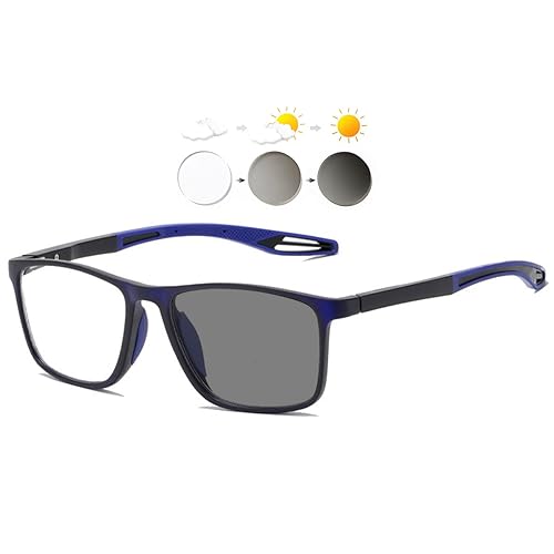 KOOSUFA Selbsttönende Lesebrille Blaulichtfilter Photochrome Herren Damen Federscharnier Rechteckiger Ultraleicht TR90 Rahmen mit UV-Schutz Sonnenlesebrille Lesehilfe Dunkelblau 1.0 von KOOSUFA