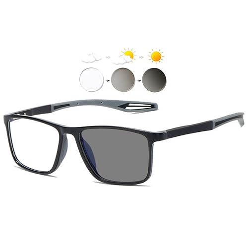 KOOSUFA Selbsttönende Lesebrille Blaulichtfilter Photochrome Herren Damen Federscharnier Rechteckiger Ultraleicht TR90 Rahmen mit UV-Schutz Sonnenlesebrille Schwarz Grau von KOOSUFA