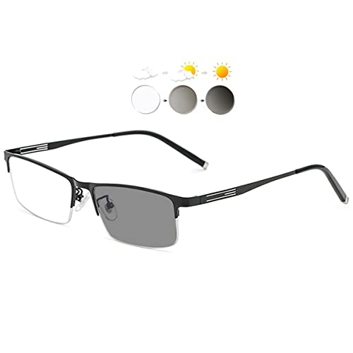 KOOSUFA Selbsttönende Lesebrille Photochrome Herren Damen Halbrandbrille Rechteckiger Metallrahmen mit UV-Schutz Sonnenlesebrille Lesehilfe 0.0 1.0 1.5 2.0 2.5 3.0 3.5 (Schwarz, 1.5) von KOOSUFA