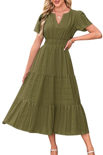 KOOSUFA Sommerkleid Damen Casual Baumwolle Kleid Puffärmel V-Ausschnitt Freizeitkleid Sommer A Linie Ruffle Kleider mit Taschen Kurzarm Elastiche Taille Armeegrün, M von KOOSUFA