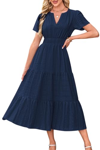 KOOSUFA Sommerkleid Damen Casual Baumwolle Kleid Puffärmel V-Ausschnitt Freizeitkleid Sommer A Linie Ruffle Kleider mit Taschen Kurzarm Elastiche Taille Dunkelblau, XXL von KOOSUFA