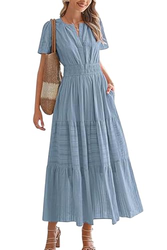 KOOSUFA Sommerkleid Damen Casual Baumwolle Kleid Puffärmel V-Ausschnitt Freizeitkleid Sommer A Linie Ruffle Kleider mit Taschen Kurzarm Elastiche Taille Grau blau, L von KOOSUFA