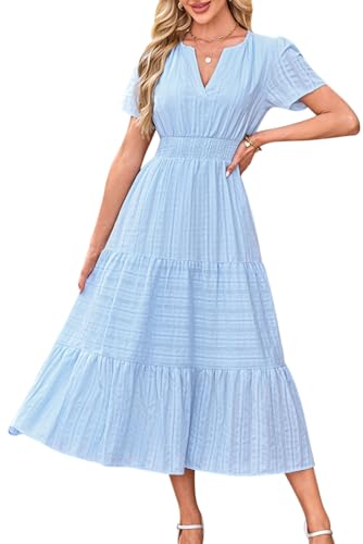 KOOSUFA Sommerkleid Damen Casual Baumwolle Kleid Puffärmel V-Ausschnitt Freizeitkleid Sommer A Linie Ruffle Kleider mit Taschen Kurzarm Elastiche Taille Hellblau, XL von KOOSUFA
