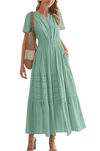 KOOSUFA Sommerkleid Damen Casual Baumwolle Kleid Puffärmel V-Ausschnitt Freizeitkleid Sommer A Linie Ruffle Kleider mit Taschen Kurzarm Elastiche Taille Hellgrün, S von KOOSUFA