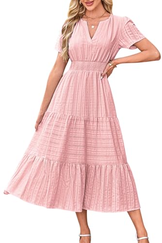 KOOSUFA Sommerkleid Damen Casual Baumwolle Kleid Puffärmel V-Ausschnitt Freizeitkleid Sommer A Linie Ruffle Kleider mit Taschen Kurzarm Elastiche Taille Rosa, L von KOOSUFA
