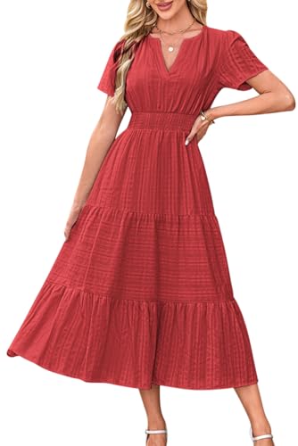 KOOSUFA Sommerkleid Damen Casual Baumwolle Kleid Puffärmel V-Ausschnitt Freizeitkleid Sommer A Linie Ruffle Kleider mit Taschen Kurzarm Elastiche Taille Rot, M KOOSUFA Sommerkleid Damen Casual Baumwolle Kleid Puffärmel V-Ausschnitt Freizeitkleid Sommer A Linie Ruffle Kleider mit Taschen Kurzarm Elastiche Taille Rot, M von KOOSUFA
