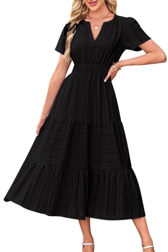 KOOSUFA Sommerkleid Damen Casual Baumwolle Kleid Puffärmel V-Ausschnitt Freizeitkleid Sommer A Linie Ruffle Kleider mit Taschen Kurzarm Elastiche Taille Schwarz, M von KOOSUFA