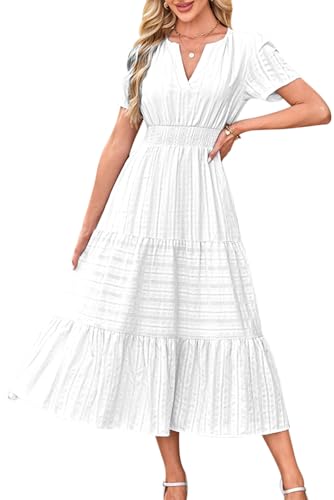 KOOSUFA Sommerkleid Damen Casual Baumwolle Kleid Puffärmel V-Ausschnitt Freizeitkleid Sommer A Linie Ruffle Kleider mit Taschen Kurzarm Elastiche Taille Weiß, S von KOOSUFA