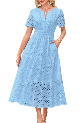 KOOSUFA Sommerkleid Damen Casual Baumwolle Kleid V-Ausschnitt Freizeitkleid Kurzarm Sommer A Linie Kleider mit Taschen Elastiche Taille Hellblau, L von KOOSUFA