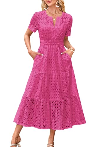KOOSUFA Sommerkleid Damen Casual Baumwolle Kleid V-Ausschnitt Freizeitkleid Kurzarm Sommer A Linie Kleider mit Taschen Elastiche Taille Rose, L von KOOSUFA