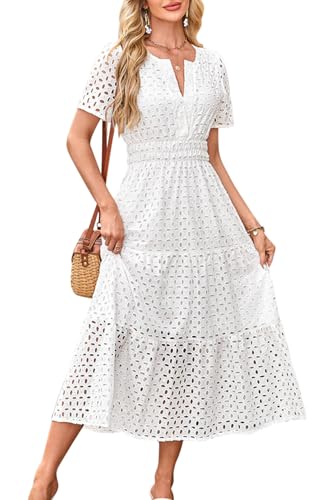 KOOSUFA Sommerkleid Damen Casual Baumwolle Kleid V-Ausschnitt Freizeitkleid Kurzarm Sommer A Linie Kleider mit Taschen Elastiche Taille Weiß, L von KOOSUFA