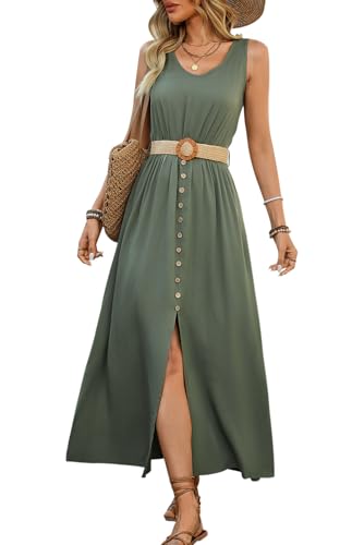 KOOSUFA Sommerkleid Damen Elegant Lang Tankkleid Casual Rundhals Dekorative Knöpfen Geschlitzter Saum Midikleid Abendkleid Cocktailkleid Freizeitkleid mit Gürtel Armeegrün, M von KOOSUFA