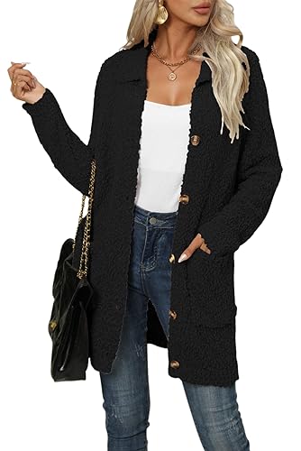 KOOSUFA Strickjacke Damen Lang Strick Cardigan Fleece Schütteln Strickmantel Langarm mit Taschen Open Front Gestrickte Jacke mit Knöpfen Schwarz, XL von KOOSUFA