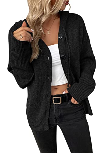 KOOSUFA Strickjacke Damen mit Kapuze Strick Cardigan Langarm mit Knöpfen Kapuzenpullover Kapuzenpulli Kordelzug Hoodie Strickmantel Schwarz S von KOOSUFA