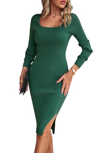 KOOSUFA Strickkleid Damen mit Schlitz Langarm Rippenstrick U Ausschnitt Bodycon Figurbetontes Kleid Wickelkleid Herbst Winter Midikleid Grün, M von KOOSUFA