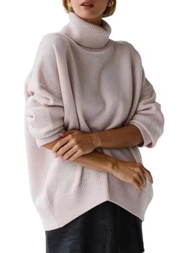 KOOSUFA Strickpullover Damen Rollkragen Pullover Rollkragenpullover Strickpulli Überschnittene Schulterärmel Strickoberteile Oversize Herbst Winter Pulli Hellrosa, L von KOOSUFA