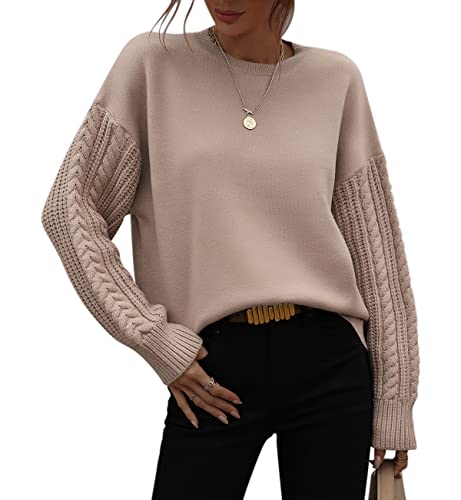 KOOSUFA Strickpullover Damen Rundhals Strickpulli Grobstrick Zopfmuster Langarm Strickoberteile Oversize Herbst Winter Pullover Khaki, L von KOOSUFA