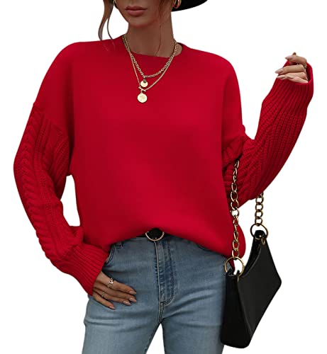 KOOSUFA Strickpullover Damen Rundhals Strickpulli Grobstrick Zopfmuster Langarm Strickoberteile Oversize Herbst Winter Pullover Rot, L von KOOSUFA