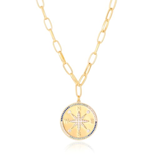 KOOUNUATA CZ Kompass-Halskette für Damen 18K Gold Sternenstrahl-Münzanhänger Halskette Lange Chunky Paper Clip Kette Schicht Statement Schmuck Reisegeschenk 21.5’’ von KOOUNUATA
