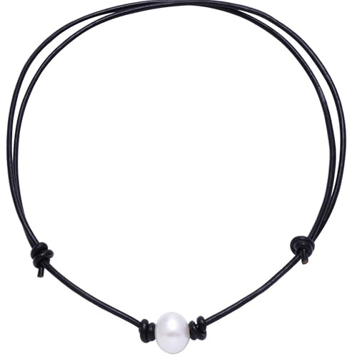 KOOUNUATA Single Cultured Freshwater Pearl Necklace Choker für Frauen Echtes Leder Handgemachter Schmuck Schwarz Verstellbar von KOOUNUATA