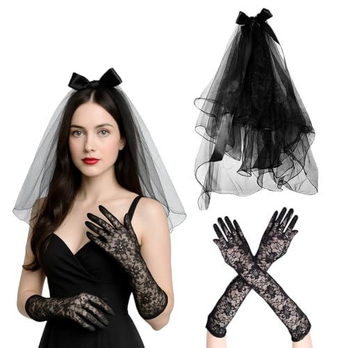 KOQAIIZ Damen Handschuhe Spitze Lang, Schwarze Opera Lange Handschuhe, mit 1 Brautschleier, Halloween Braut Kostüme von KOQAIIZ