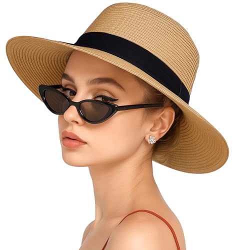 KOQAIIZ Damen Strohhut, Panama Hut mit breiter Krempe, Sommer Fedora Strohhut, Aufrollbar, UV-Schutz, Khaki, M von KOQAIIZ