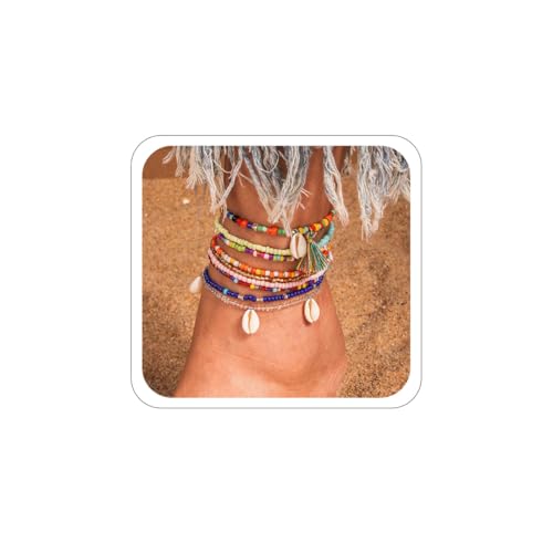 KOQAIIZ Fußkettchen für Damen, 9 Stück Boho-Perlen-Fußkettchen für Damen, Knöchel-Armbänder, Muschel-Fußschmuck für Damen und Mädchen von KOQAIIZ