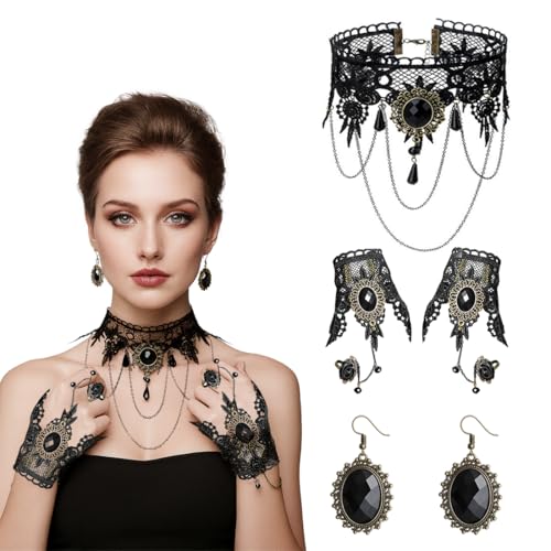 KOQAIIZ Gothic Halskette-Armband-Ohrringe Set, Gothic Schmuck Set, Spitze Choker Gothic für Halloween Karneval Maskerade von KOQAIIZ
