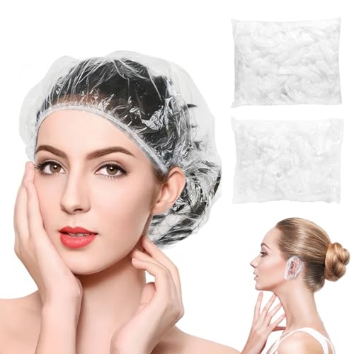 KOQAIIZ OhrenschüTzer Duschhaube Damen Set, 100 Pcs Einweg-Ohrenschützer + 100 Pcs Duschhauben Einweg, für Haarfärbemittel, Duschen, Baden, Zuhause, Salon von KOQAIIZ