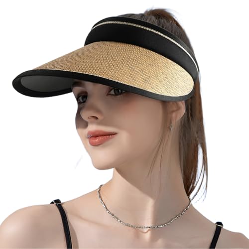 KOQAIIZ Damen Sommerhut, Visor Cap, Strohhut mit UV-Schutz, Packbar, Faltbar, Khaki, Einheitsgröße, Klassisch, Sommer, Strand, Camping, Wandern, Sport von KOQAIIZ