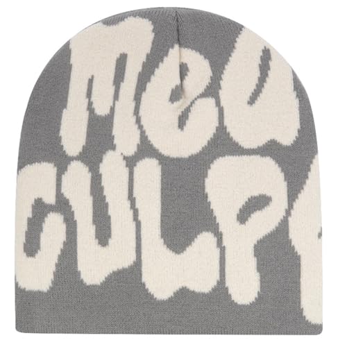 KORADI Damen Beanie Mütze MEA Culpa Word Head Toque Herren Y2K Stilvolle Beanie Mützen Winter Strickmütze für Geschenke, Hellgrau, Einheitsgr��e von KORADI