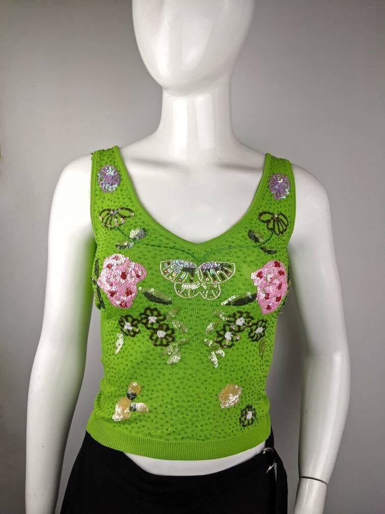 Y2K Vintage Grünes Geripptes Tank Top Roccobarocco. Pailletten Und Perlen Blumendruck Top. Größe Xs-S von KORARE