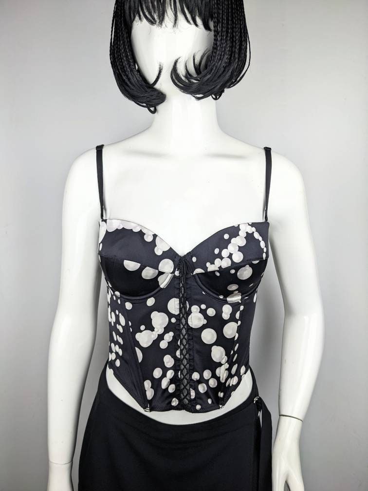 Y2K Vintage Nina Ricci Satin Bustier | Perlen Bedrucktes Korsett Spaghetti Riemen von KORARE