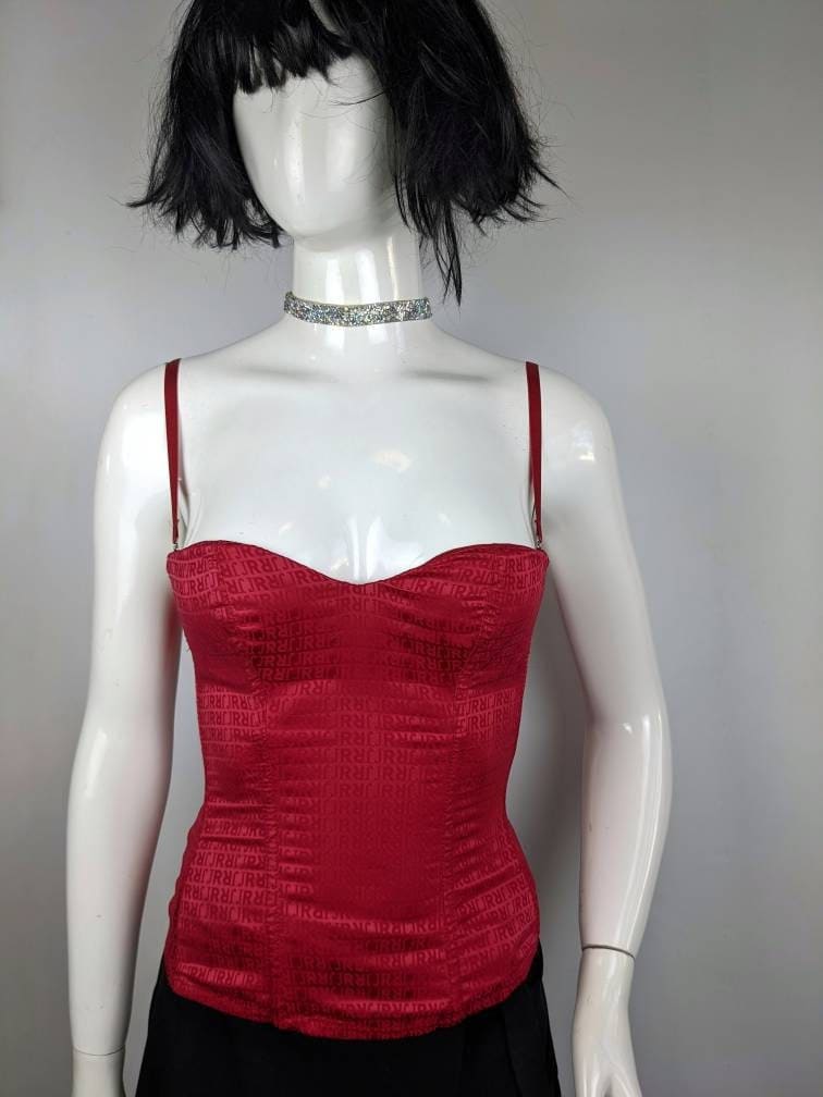 Y2K Vintage Satin Rotes Bustier John Richmond. Monogramm Korsett Spaghettiträger von KORARE