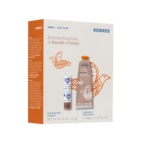 KORRES EVERYDAY ESSENTIALS Hand- und Lippen Pflegeset Almond Nut Handcreme & Cocoa Butter Lip Balm, Geschenkset für Frauen, silikon- & parabenfrei, 50ml + 4,5g von KORRES