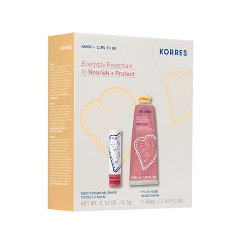KORRES EVERYDAY ESSENTIALS Hand- und Lippen Pflegeset Peony Rose Handcreme & Mediterrenean Grape Lip Balm, Geschenkset für Frauen, silikon- & parabenfrei, 50ml + 4,5g von KORRES