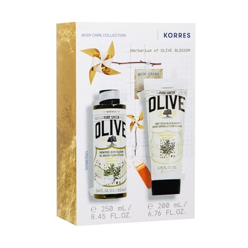 KORRES OLIVE & OLIVE BLOSSOM Körperpflege Set, Geschenkset zum Vorteilspreis für Damen & Herren, mit extra nativem Olivenöl, Duschgel 250 ml + Bodymilk 200 ml, vegan von KORRES