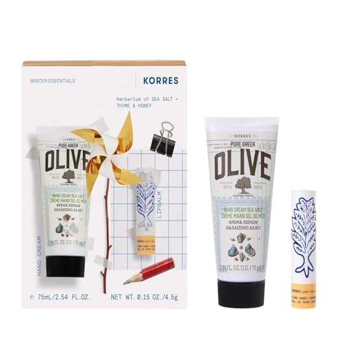 KORRES Hand- und Lippen Pflegeset - Geschenkset für Sie und Ihn - Set zum Vorteilspreis für trockene Hände und spröde Lippen, Lipbalm Thyme Honey & Olive Sea Salt Handcreme von KORRES