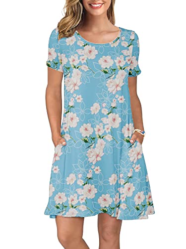 KORSIS Damen Sommer Casual T Shirt Kleider Kurzarm Swing Kleid Taschen, Blume hellblau, Groß von KORSIS