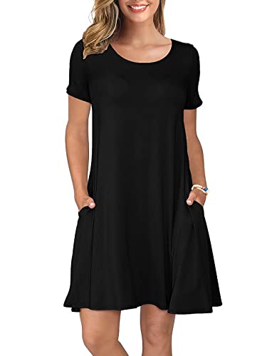 KORSIS Damen Sommer Casual T-Shirt Kleider Kurzarm Swing Kleid mit Taschen - schwarz - Groß von KORSIS